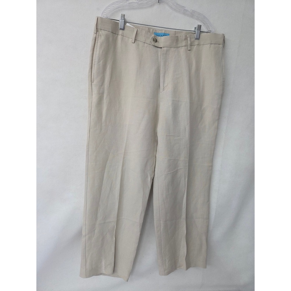 Savane Mens 38x30 Beige Linen‎ Blend Flat Front Straight Leg Dress Pants Slacks